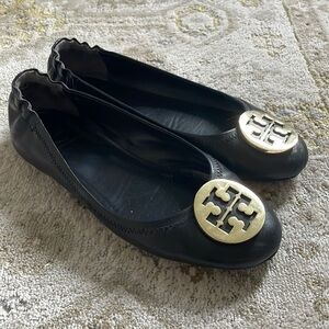 Tory Burch Black Minnie Travel Ballet Flats Gold Logo